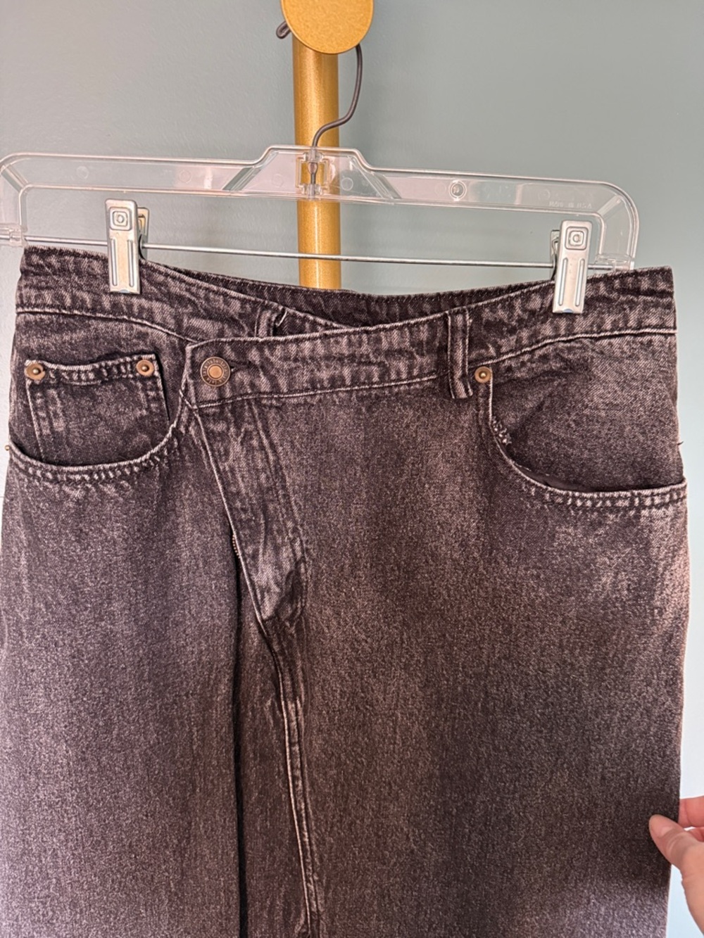 Dressed in LALA Black Denim Skirt, front slit and asymmetrical button - Picture 3 of 5